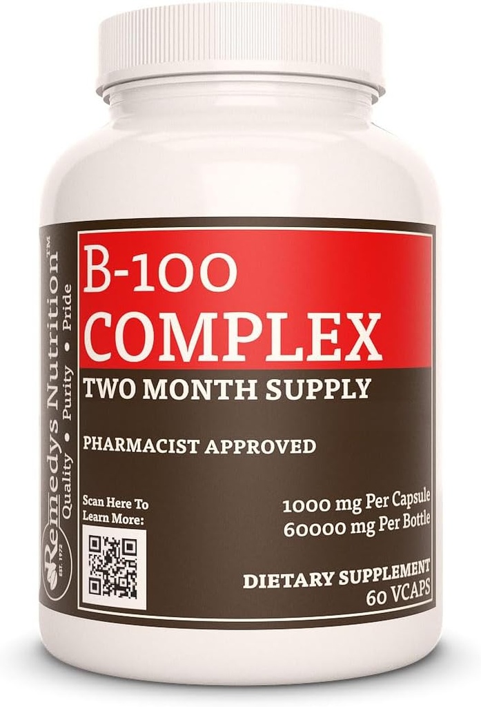 Remedys Ernährung Vitamin B-100 Complex |1,000 mg, 60 Vegan Kapseln Nahrungsergänzungsmittel | Zwei Monate Versorgung
