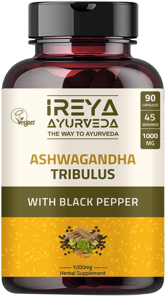 Capsule Ashwagandha Organic 1000mg (90 capsule) Realizzati con Tribulus Terrestris, Shatavari e Black Pepper Organic Ingredients | 45 giorni di alimentazione