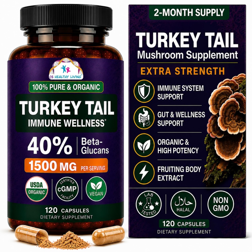 SCIENCES DE CANCER Turquie Tail Wellness Champignons Supplément, extrait biologique certifié USDA, force supplémentaire 1 500 mg, puissance élevée 40% Beta-Glucans, Gut & Immune Support, Digestive Naturel, 120 Capsules