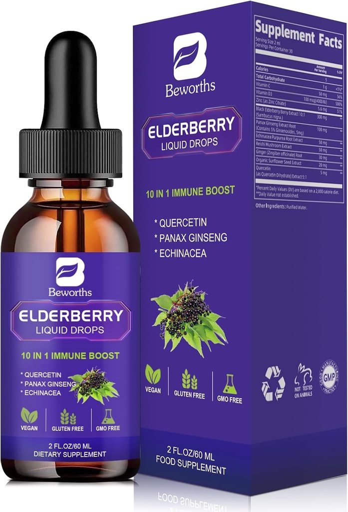 Elderberry Syrup | Quercetin Black Elderberry Liquid Drop mit Quercetin, Panax Ginseng für Immununterstützung | Sambucus Elderberry mit Vitamin C und Zink, D3 | Vegan | Non-GMO | Original