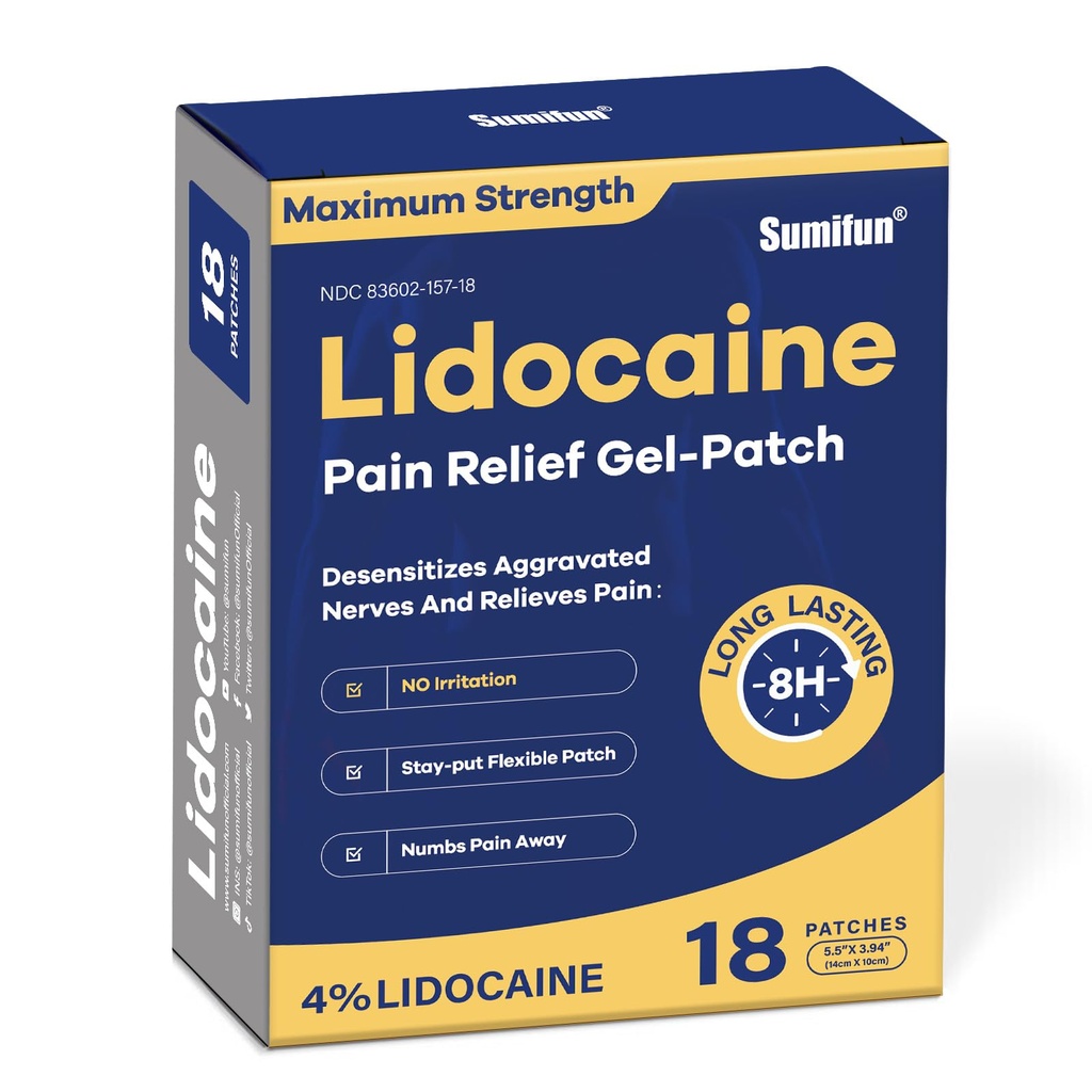 Sumifun 4% Patchs de soulagement de la douleur Lidocaine - OTC Force maximale – Flexible et longue durée, 18-Count Patchs de Lidocaine pour le dos, le cou, le muscle, la douleur articulaire - Patch de douleur non parfumé