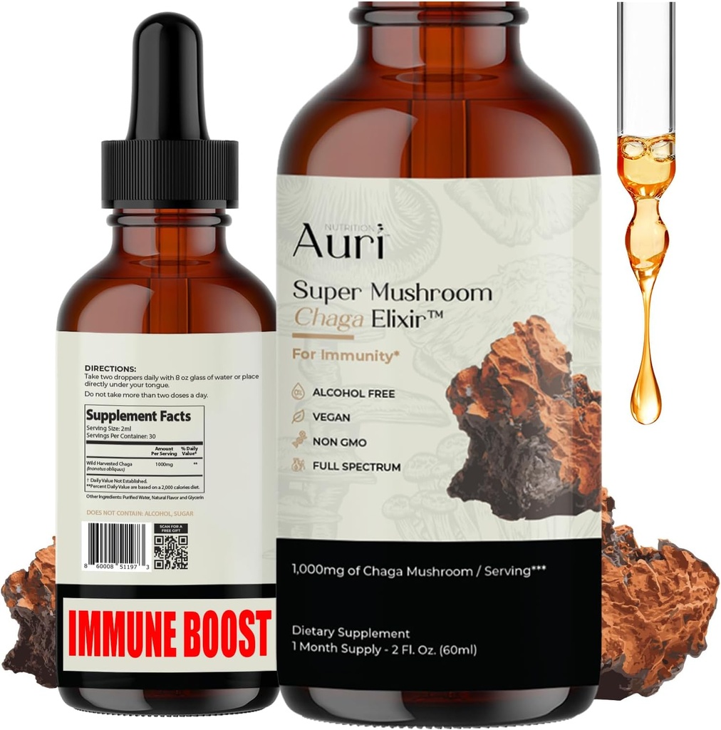 Auri Super Chaga Elixir - Pilz Superfood Liquid Supplement mit vollem Spektrum Immununterstützung aus Oxidativem Stress und Energie Lift - Chaga Tincture 60ml