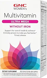 GNC Damen Multivitamin Ultra Mega ohne Eisen, Tägliche Vitamin-Ergänzung, unterstützt Immun, Gehirn, Haar, Haut & Nails, 180 Caplets
