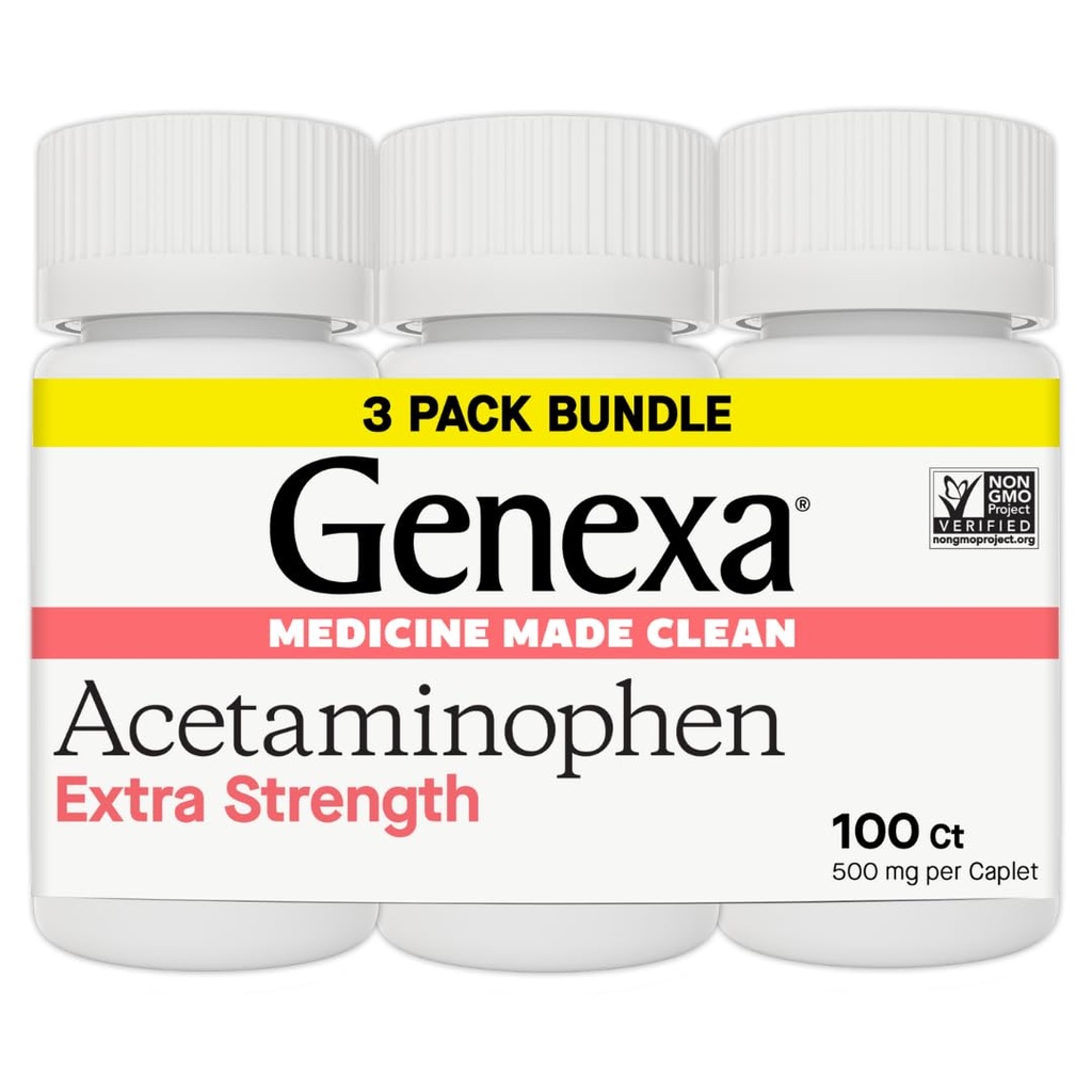 Genexa Clean Acetaminophen 500mg Extra Forza, Die Free Pain Reliever Fever Riduttore, 0% Additivi artificiali, Medicina del dolore per gli adulti, Allevia mal di testa, Backache, Dolore minore artrite, 300 compresse