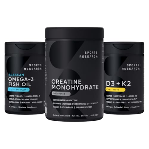 Recherche sportive Huile de poisson Triple Strength Omega 3 - Supplément d'huile de poisson sans Burpless avec/EPA et DHA Acides gras, Créatine monohydratée et Vitamine végétale D3 K2 avec huile de coco