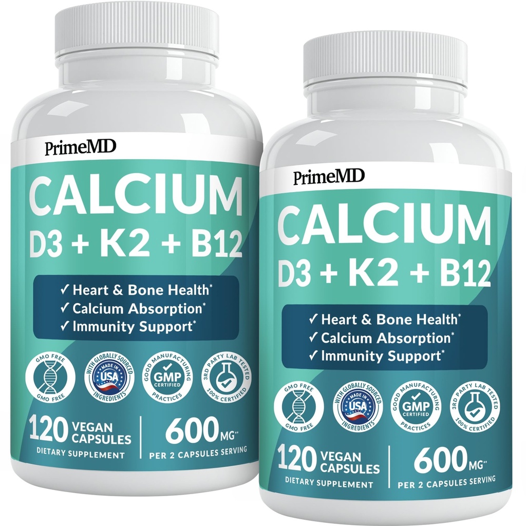 4-in-1 Calcium Supplementi per le donne e gli uomini - Calcio con vitamina D3 K2 5000 IU Supplemento, 601 mg per porzione di cuore, ossa e difese del corpo - senza glutine, Vegan-Friendly (240 ct)