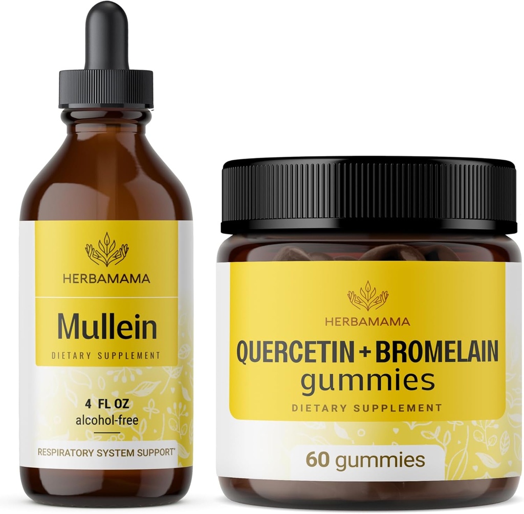 HERBAMA Mullein Leaf Extract and Quercetin Gummies Kit - Bündel von Mullein Leaf Tropfen 4 oz und 800 mg Quercetin mit Bromelain Gummies - Vegan, Non-GMO, Alkoholfrei - 2 Pack