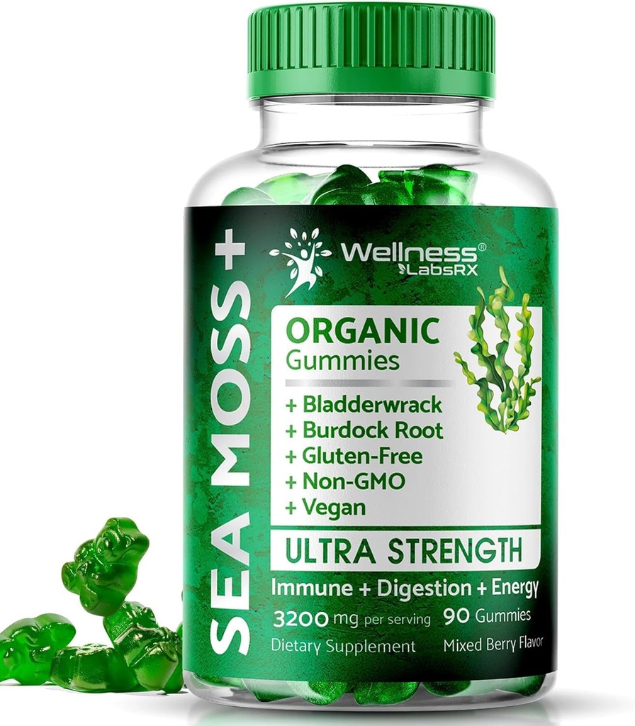 WELLNESS LABSRX Sea Moss Gummis, 3200mg Irish Sea Moss Mixed Berry Flavor mit Maximum Potency Bladderwrack und Burdock Root - Unterstützt Haut, Energie und Immunität - 90 Count