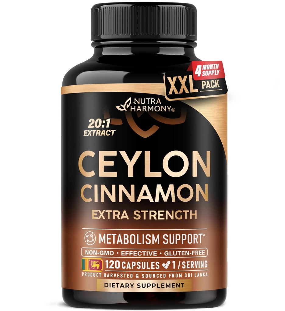 Ceylon Cinnamon Capsules - Extra Strength - Energie, Herz- und Stoffwechselunterstützung - für Männer und Frauen - Pure Natural Extract 20:1 Supplement - Made in USA - GMO & Gluten Free, 120 Kapseln, 4 Monate Versorgung