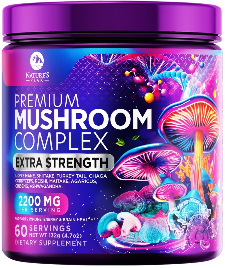 Polvere di supplemento di funghi 2200mg - 11 in 1 polvere di formula complessa con leoni organici Mane, Reishi, Cordyceps, Chaga, Turchia supplemento di estratto di funghi per la memoria e il supporto del cervello - 60 Serve