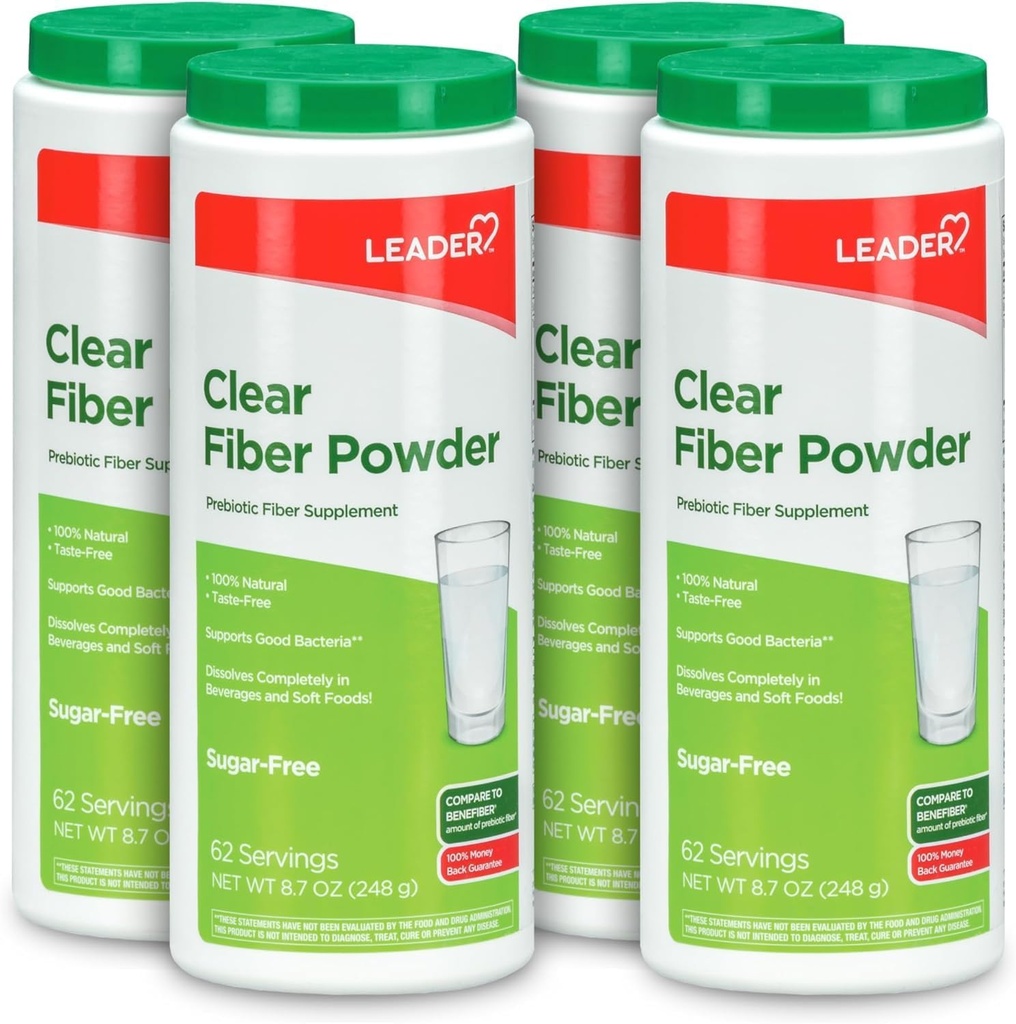 Leader Prebiotic Fiber Supplement Powder for Digestive Health, 100% natürliches Tagesfaserpulver, Sugar-Free, Geschmacksfrei, Glutenfrei, Non-GMO, Unflavored, 62 Servierungen (8.7 OZ) (Pack mit 4)