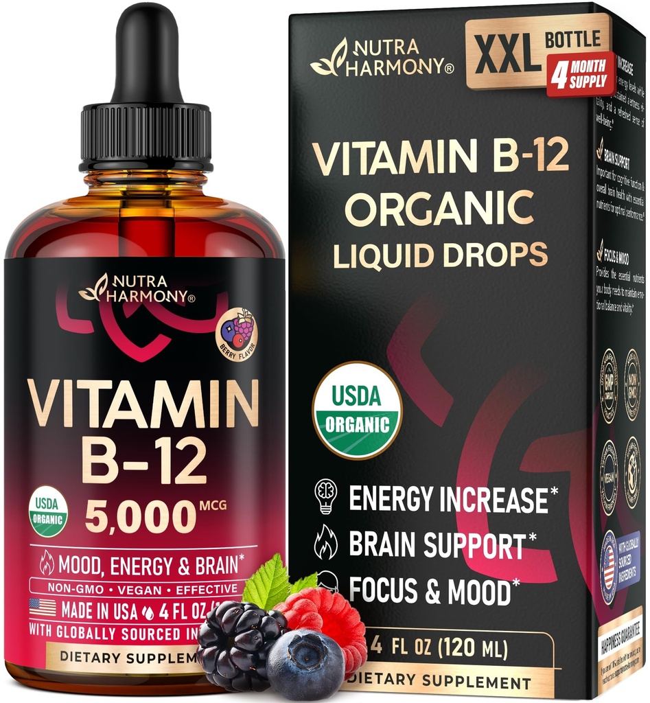 USDA Vitamine biologique B12 gouttes sublinguales - 5000 mcg de méthylcobalamine végane liquide pour les femmes et les hommes - Boost énergétique, focus et humeur, soutien à la santé cérébrale - Maximiser l'absorption - 4 mois d'approvisionnement, 4 fl oz