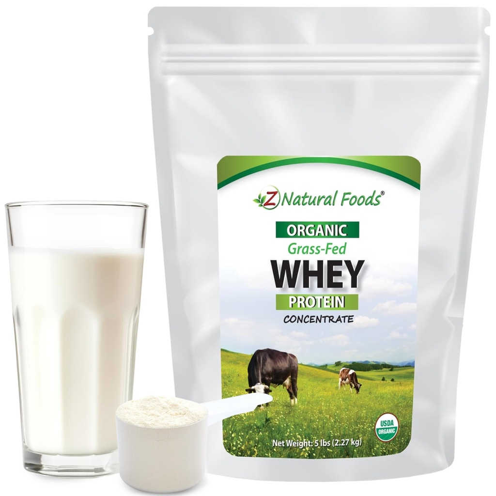 Z Natural Foods Organic Whey Protein Concentrate - Nährstoff-Dense Grass Fed Whey Protein Powder - Kaltverarbeitetes reines Whey Protein mit essentiellen Aminosäuren für Ernährung & Fitness, Unflavored, 5 lbs