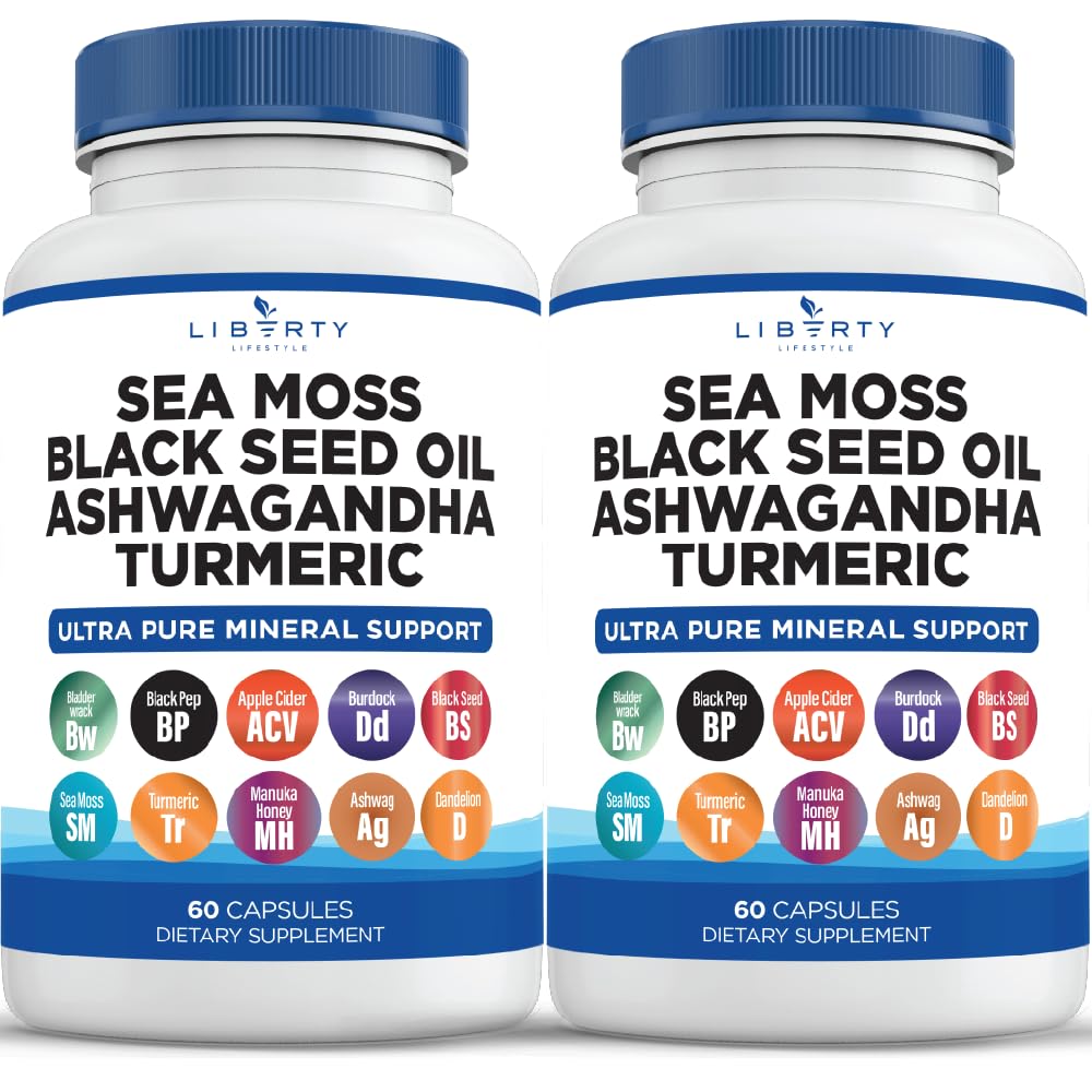 Sea Moss Black Seed Oil Ashwagandha Turmeric Bladderwrack Burdock - mit Manuka, Honey Dandelion, ACV Black Pepper Gluten Free - 2-Pack