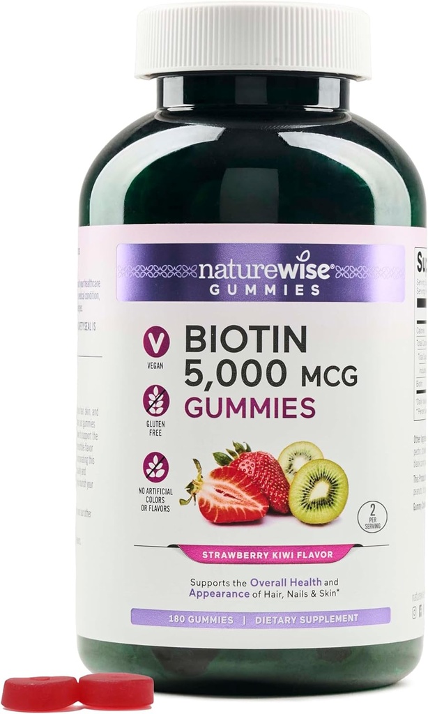 NatureWise Biotin Gummies - Supporte les cheveux sains, la peau et les ongles forts - Vitamine B7 5000mcg - Beauté naturelle - Fraise-Kiwi Flavor - Vegan, non-OGM, sans gluten - 180 Compte[90 jours]