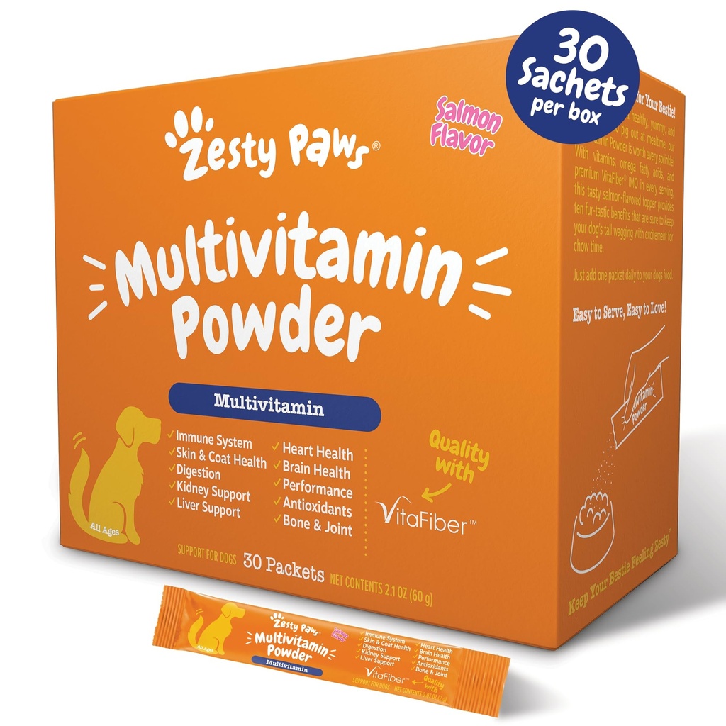 Zesty Paws 10-in-1 Hunde Multivitamin - Gut, Immune, Gelenk, Haut und Mantel Unterstützung, und mehr - Hund Vitamine und Ergänzungen Pulver - Pet Supplements mit Omega Fish Oil & VitaFiber - Lachs - 30 Ct