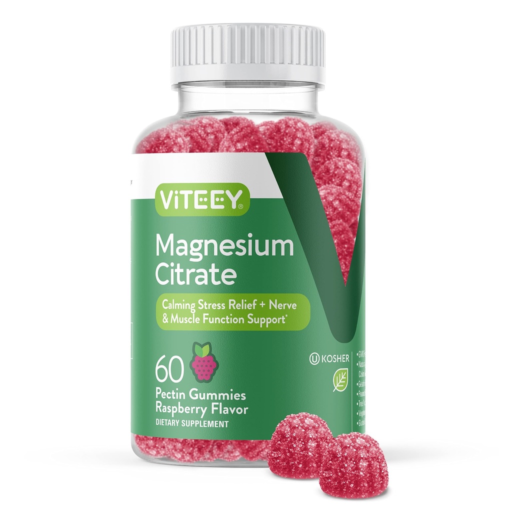 VITEEY Magnesium Gummi für Erwachsene - 66 mg Magnesium Citrate Gummy für Ruhe, Schlaf, Nerve & Muskel-Funktion Unterstützung - Vegetarisch, Glutenfrei - 60 Count