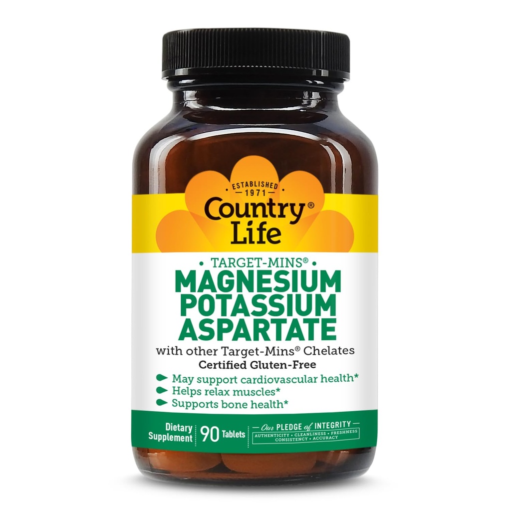 Country Life Target-Mins Magnesium Kalium Aspartate, 600mg/198mg, 90 Tabletten, zertifiziert Glutenfrei, zertifiziert Vegan