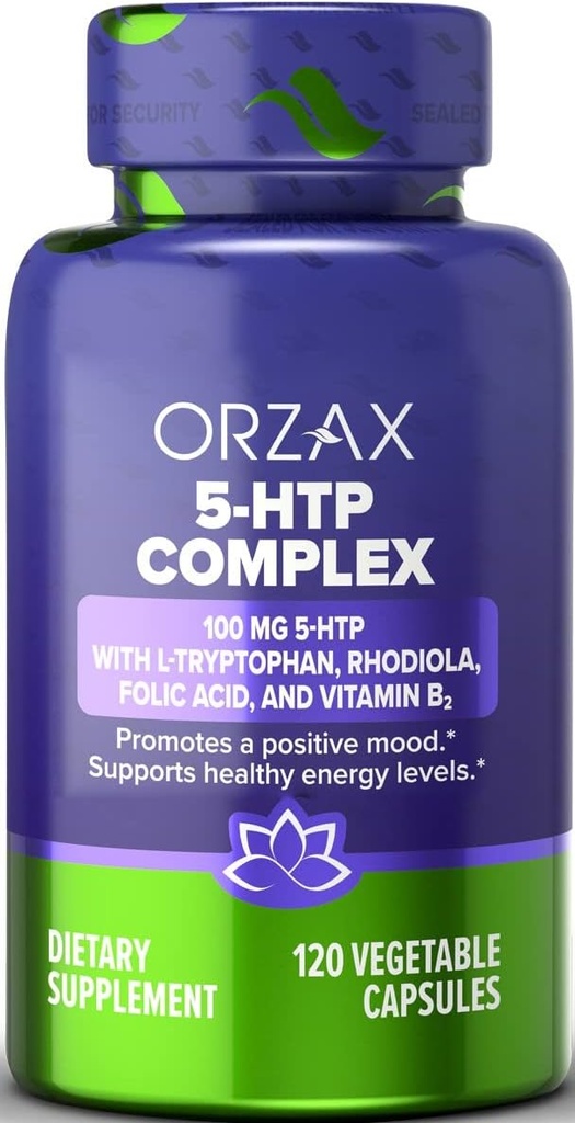 ORZAX 5-HTP 200mg Supplemento capsule con L-Tryptophan, Rhodiola, Vitamina B2, e Acido Folico - Supporta Vitalità e Integratori di Pace Interni 100mg 5HTP Per Serving, 120 Capsule