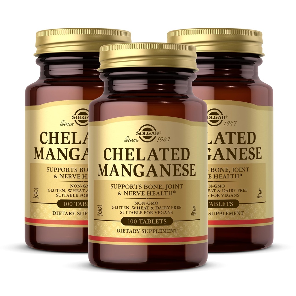 Solgar Chelated Manganese - 100 Tablets, Pack of 3 - Supports Bone, Joint & Nerve Health - Non-GMO, Vegan, Gluten Free, Dairy Free, Kosher - 300 Total Servings