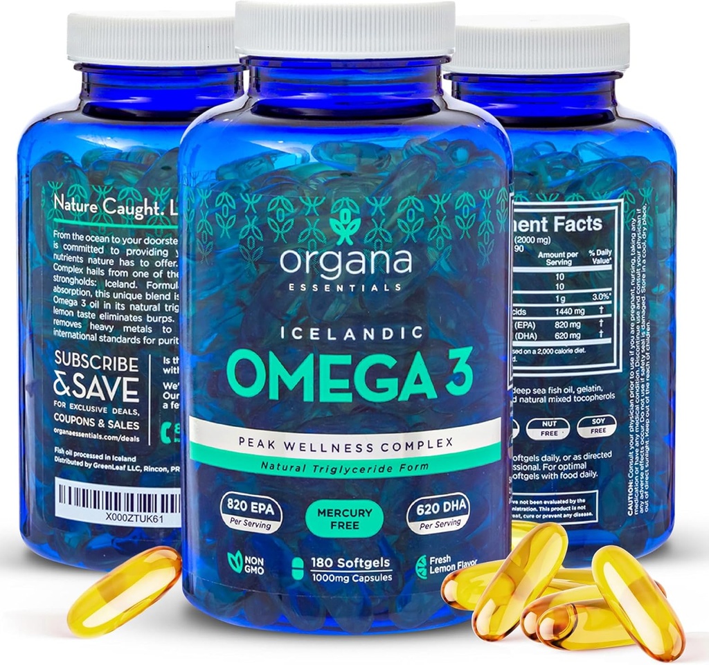 Omega 3 Huile de poisson 2 000 mg - Élevé EPA 820 mg + DHA 620 mg - 180 softgels aromatisés au citron sans Burpless