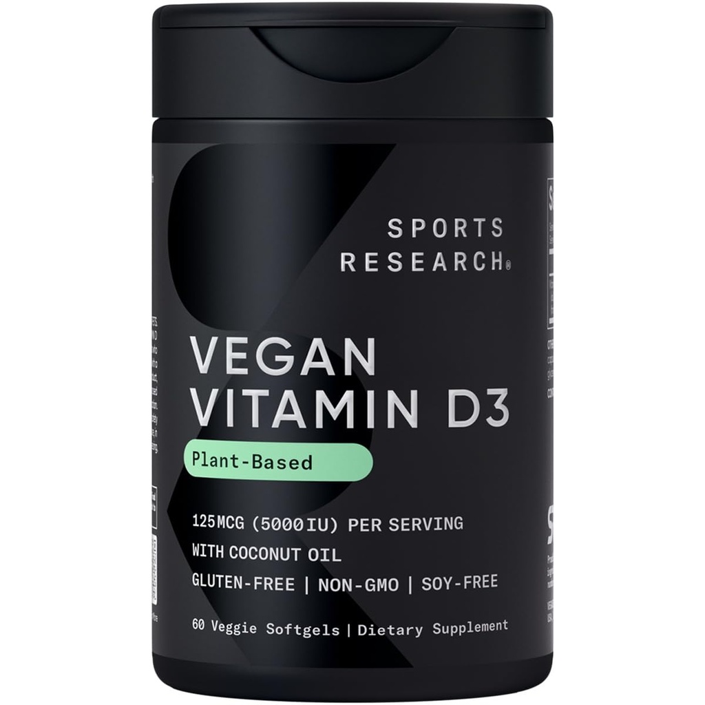Recherche sportive Vitamine végétalienne D3 5000IU (125 mcg) avec huile de noix de coco. 100% Vitamine végétale D pour os, joint et immunosupport de carrageenan libre, certifié végétalien et non-OGM vérifié (60 Softgels)