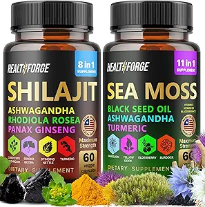 Shilajit, Ashwagandha Capsule &amp; Moss del mare Capsule di olio di semi neri Ashwagandha, Turmeric - Shilajit per Donna Supporto immunitario Rhodiola Rosea, Shilajit 60 Capsule & Sea Moss 60 Capsule Set