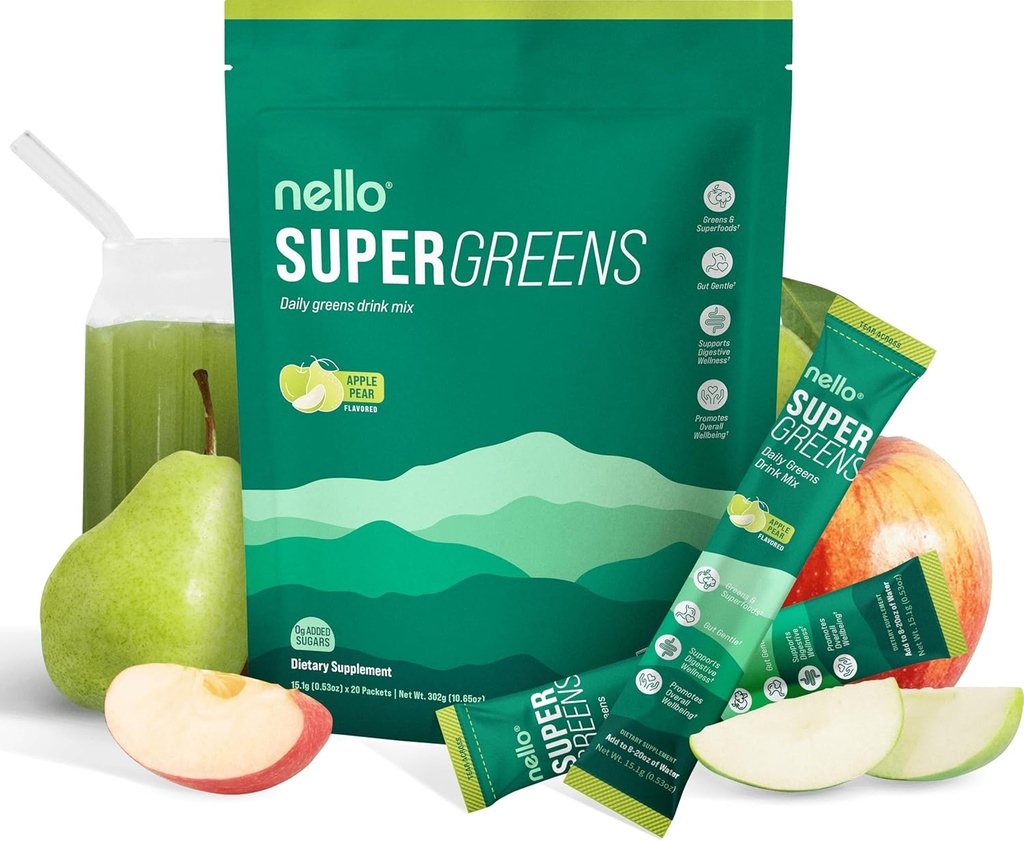 Nello Supergreens Superfood Drink Mix with Chlorella, Moringa, Spinach, Broccoli, Digestive Enzymes, and Probiotics – Apple Pear Flavor, 20 Servings, Travel Pack