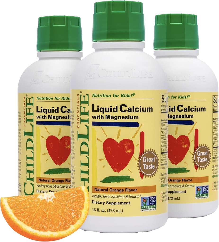 ChildLife Essentials Supplément de calcium liquide pour les enfants - Baby Calcium avec magnésium, zinc et vitamine D3 - Arôme orange, 16 fl oz (3 pack)