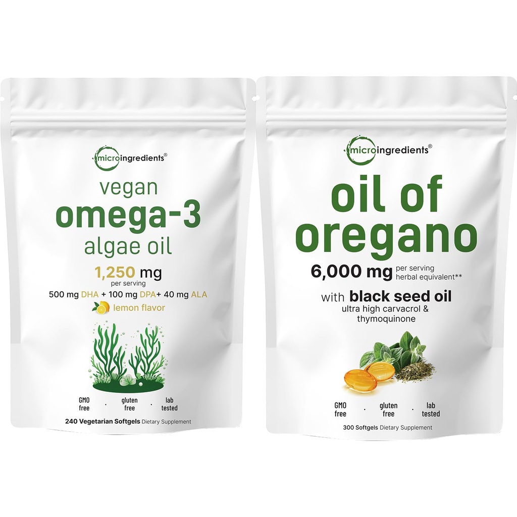 Micro Ingredients Öl von Oregano Softgels 300 Count & Vegan Omega 3 Algae Öl Supplement Bundle 2 Pack | Carvacrol & Thymoquinone | Full Spectrum Omega-3 Alternative