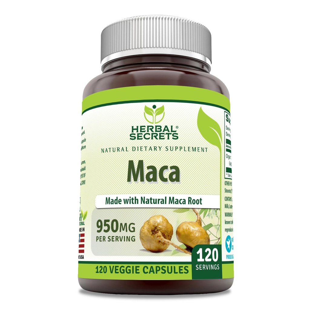 Secrets à base de plantes Supplément de maca 950 Mg. 120 Capsules Veggie.