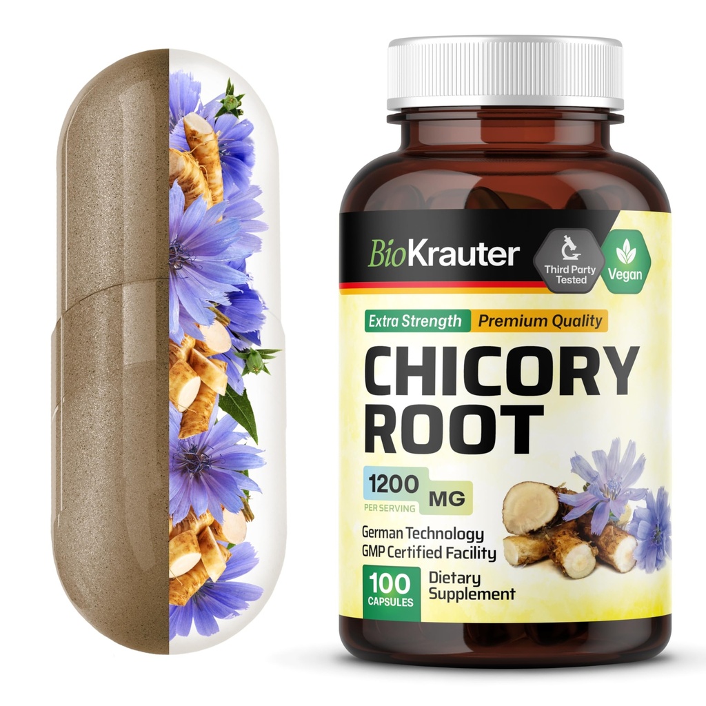 BIO KRAUTER Chicory Fiber Supplemento - 1200 mg di resistenza - 100 contatore - polvere di radice di chicory - capsule di inulina per il supporto digestivo - Vegan