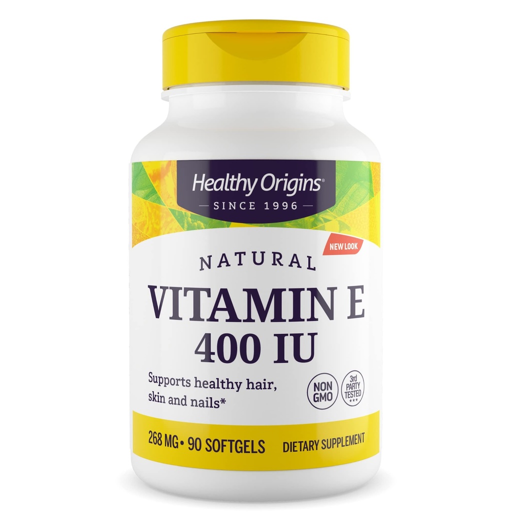 Origines saines Vitamine E 400 UI (naturelle, sans OGM, sans gluten, soutien de la peau, soutien cardiovasculaire), 90 softgels