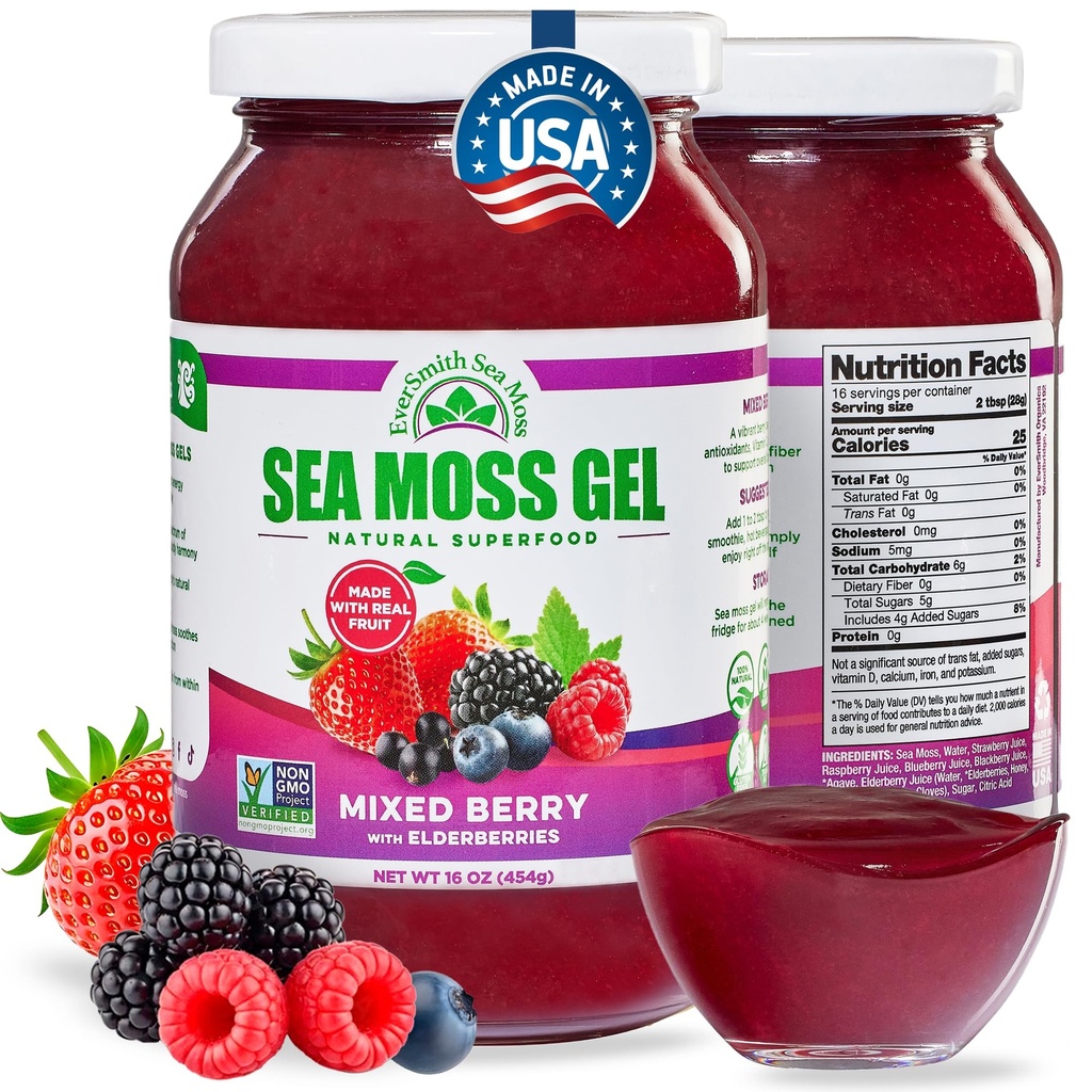 EverSmith Organics - Wildcrafted Irish Sea Moss Gel | Made in USA | Rich in Nutrients | Sea Moss Gel Raw | Jarred Vegetables & Fruits | Mixed Berry (1Jar)
