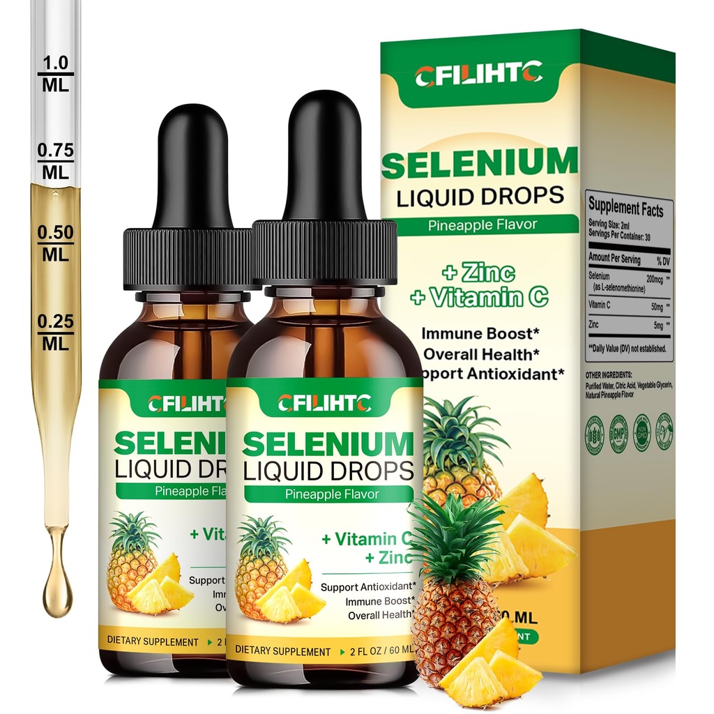2 Pack Selenium Flüssigkeitstropfen, 200mcg Flüssiges Selenium Supplement mit Vitamin C & Zink, Unterstützung für Immunsystem, Antioxidans & Herz Gesundheit, hohe Absorption, Ananas Flavor
