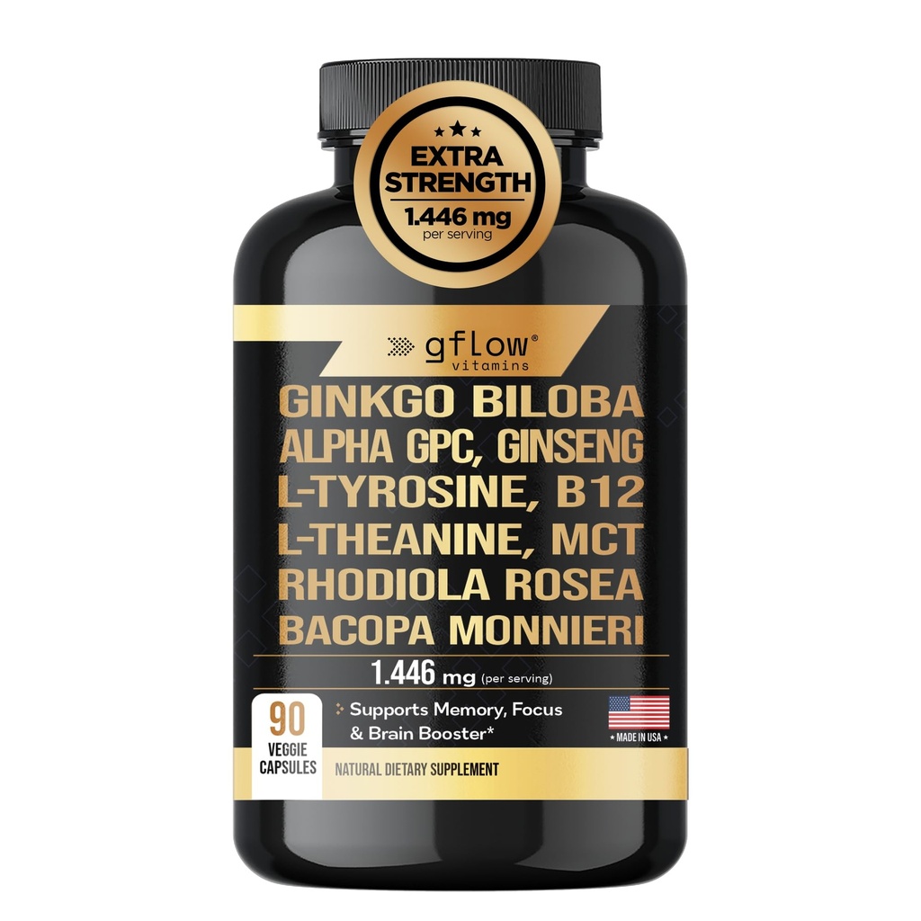 Ginkgo Biloba Alpha GPC Ergänzung mit Panax Ginseng L Tyrosine mit L Theanine, Bacopa monnieri, Rhodiola Rosea, Phosphatidylserine, B12, MCT, DMAE - Complex | Made in USA