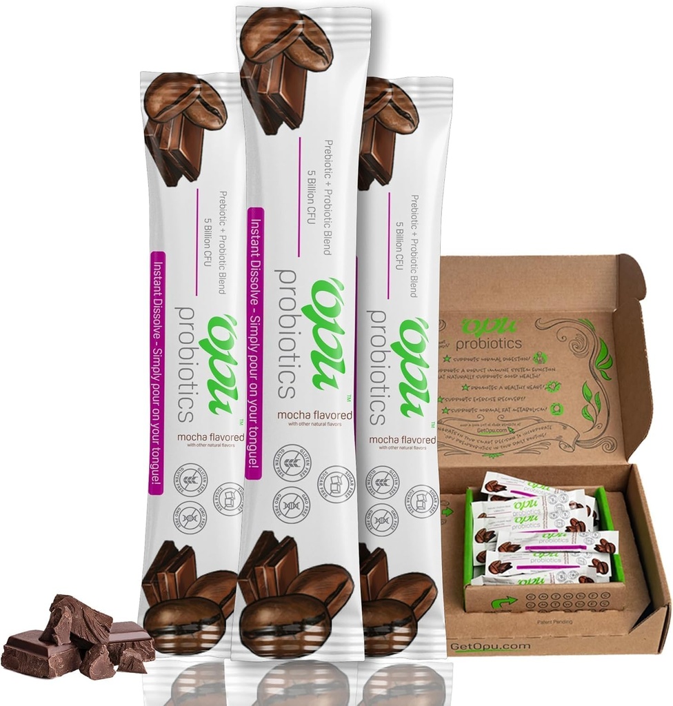 'Opu Probiotics Mocha Instant-Dissolve - Un mese di fornitura - 5 miliardi di CFU' - Uomini, donne e bambini w/Prebiotici senza zucchero, senza glutine, non OGM