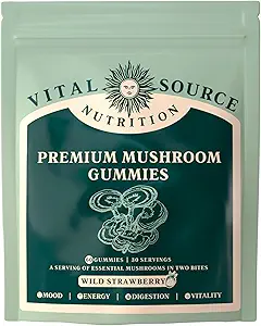 Vital Source Nutrition - Premium Mushroom Gummies - Vitality, Digestion & Energy Support - 10 Tipi di Funghi Premium - Vegan, Gluten-Free & Halal - Wild Strawberry - 60 Gummies - 30 Serve