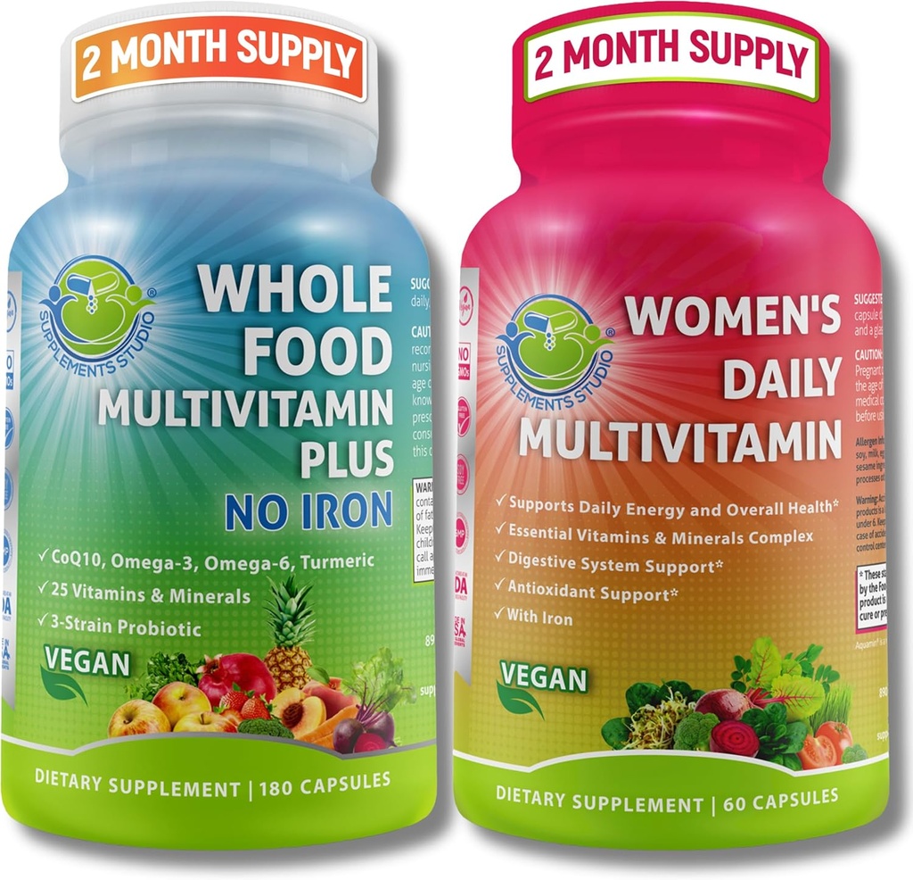 STUDIO Comprehensive Women's Multi-System Support Duo – Whole Food Multivitamin Ohne Iron + Women’s Daily Multivitamin mit Eisen – Vegan, Non-GMO, Clean Daily Wellness Support