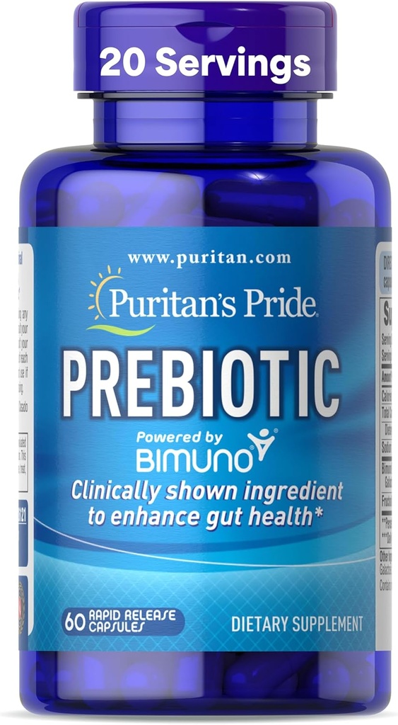 Puritan's Pride Prebiotics for Men and Women powered by Bimuno, Nahrungsergänzung für Fortgeschrittene Gutgesundheit, Hilft bei der Linderung von Bloating, 60 Rapid Release Capsules