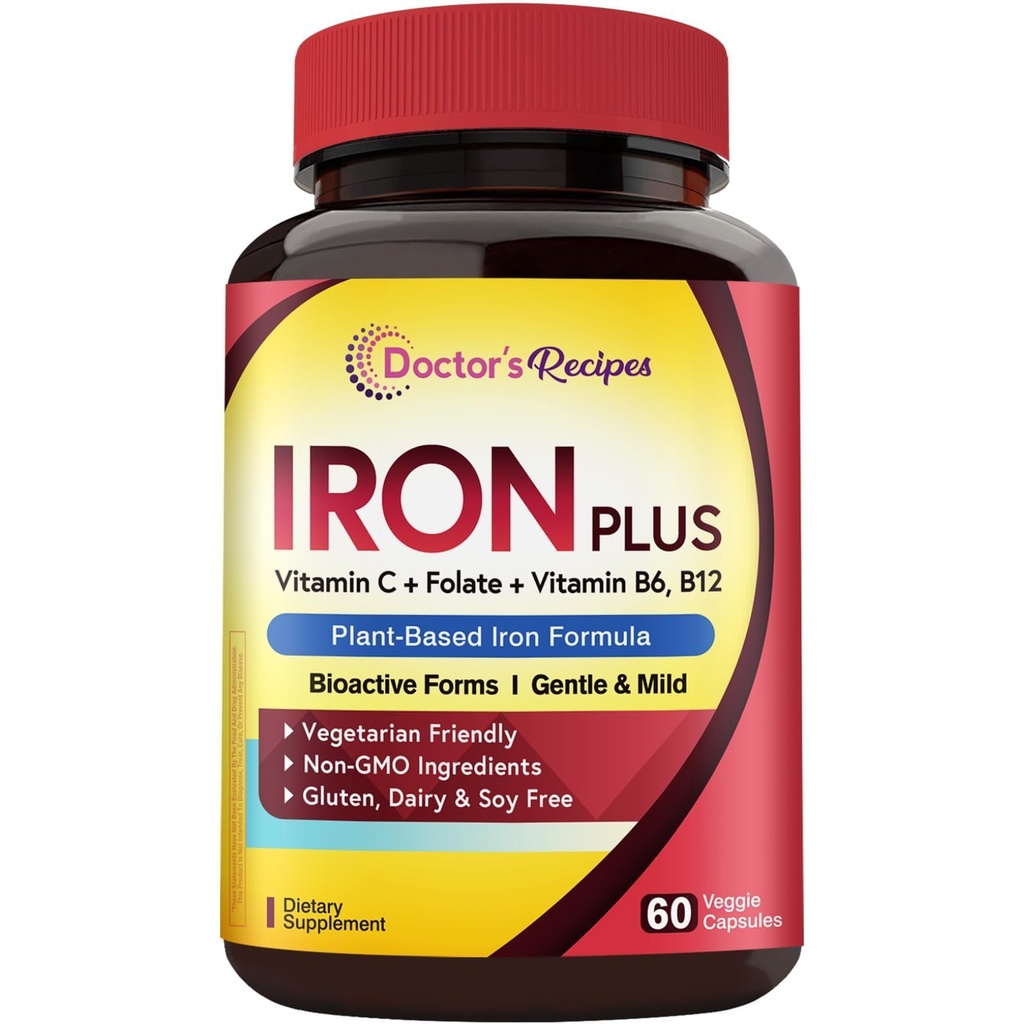 Supplemento di ferro di ricette del dottore, Bisglicinato di ferro con vitamina C, B6, Folate & B12, Non-Constipante, Amichevole di stoffa, Pillole di ferro Gentle per la carenza di ferro, Supporto di sangue & energia, 60 tappi vegani
