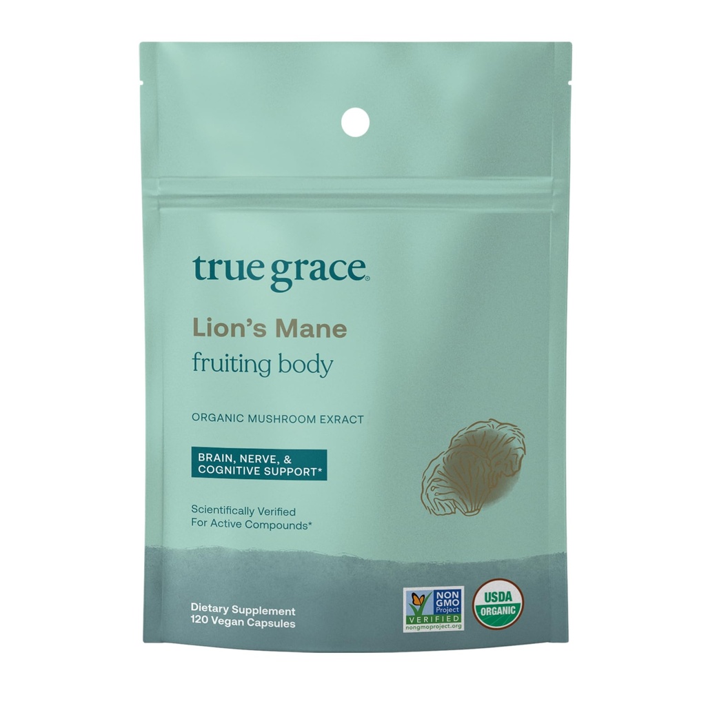 Brain Mane di True Grace Mushroom Lion, supporto Nerve & Cognitive - 120 Count Capsules - Organic