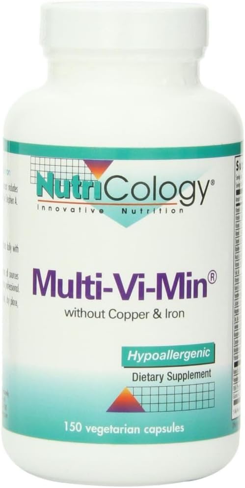 Nutricologie Multi-Vi-Min Sans Cuivre et Fer - Multivitamine pour hommes et femmes, Complexe Minéral, Nutriments actifs, avec Iodine - 150 Compte