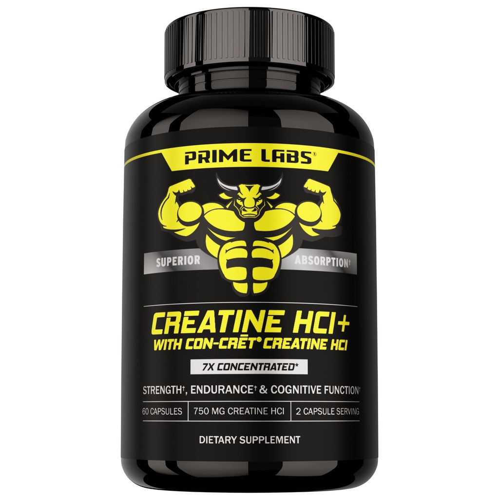 Prime Labs Creatine HCl Capsule - con CON-CR"T®, Rhodiola Root Extract, & L-teanina - Supporto muscolare, Endurance, Funzione cognitiva - per uomini e donne - 60 pillole