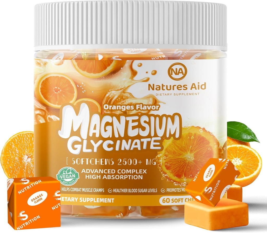 Supplément de glycinat de magnésium, potassium sans sucre à croquer avec du glycinat de magnésium, vitamine D, B6 et CoQ10 pour un soutien et un sommeil apaisants pour les adultes, 60 jours d'approvisionnement-Orange