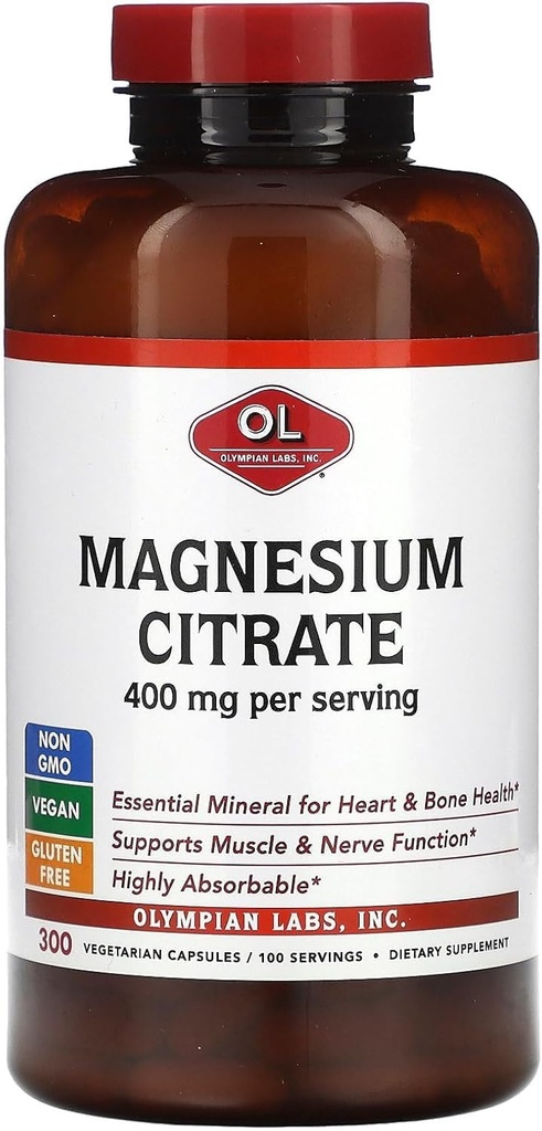 Citrato di Magnesio di Laboratori Olimpici 400mg - 300 Capsule - Assorbibile Facile, Supporta Bones sano, Cuore sano e Assorbimento di calcio