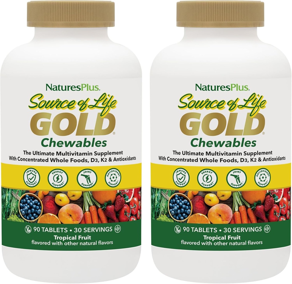 NaturesPlus Quelle des Lebens Gold Multivitamin - 90 Kautabletten, Paket von 2 - mit Vitaminen D3, B12, K2 & Mehr als 120 Ganze Lebensmittel - Blut, Knochen & Immununterstützung - Glutenfrei - 60 Gesamt Servierungen
