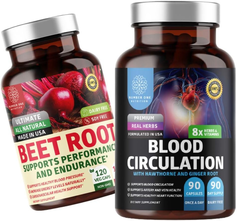 N1N Premium Circulation Supplemento [8 Potenti Erbe & Vitamine] e capsule di radice di barbabietola organica, 1300mg per sostenere la salute del cuore, Circolazione del sangue e pressione sanguigna, 2 Pack Bundle