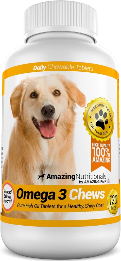 Extraordinaire Omega 3 pour les chiens - Omega 3 Huile de poisson pour les chiens Supplément pour le soulagement de la peau démangeaisons pour la peau sèche et les taches chaudes et manteau de Shedding Coat avec EPA et DHA Acides gras - 120 Saveurs de saumon