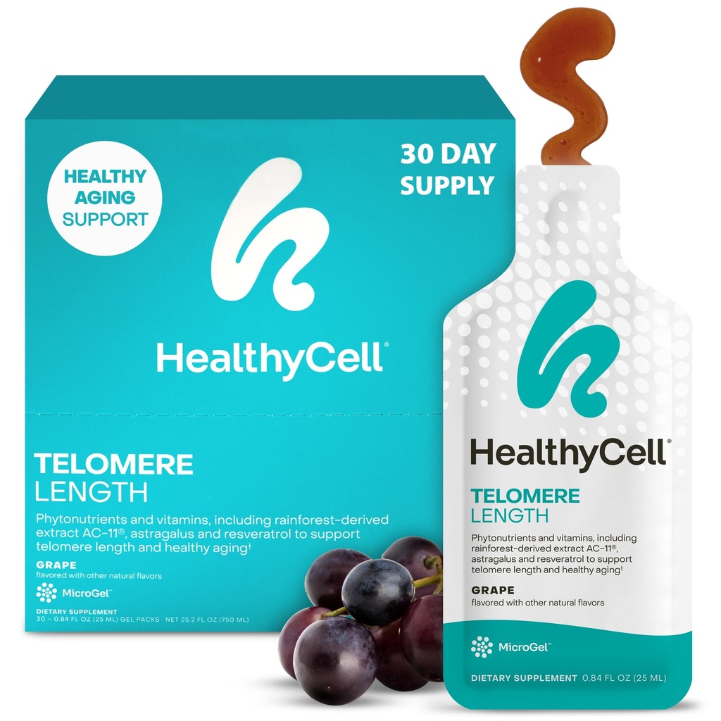 Supplément de longueur pour Telomére HealthyCell - Suppléments de longueur pour Telomére Anti-Aging avec Phytonutriments & Vitamines pour la santé cellulaire - AC-11, Astragalus & Resveratrol - 30 Gel Packs, Aromatisés au raisin